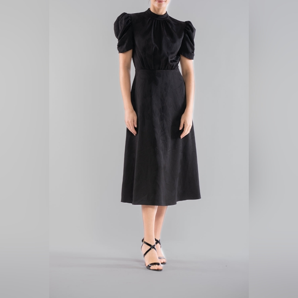 NWT - Julia Jordan Black Short Puff Sleeve Mock Neck Midi Dress - Size 16